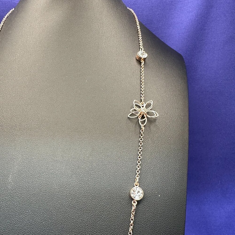 C1946 Long Gold-Tone Flower & Clear Crystal Station Necklace - Picture 8 of 15